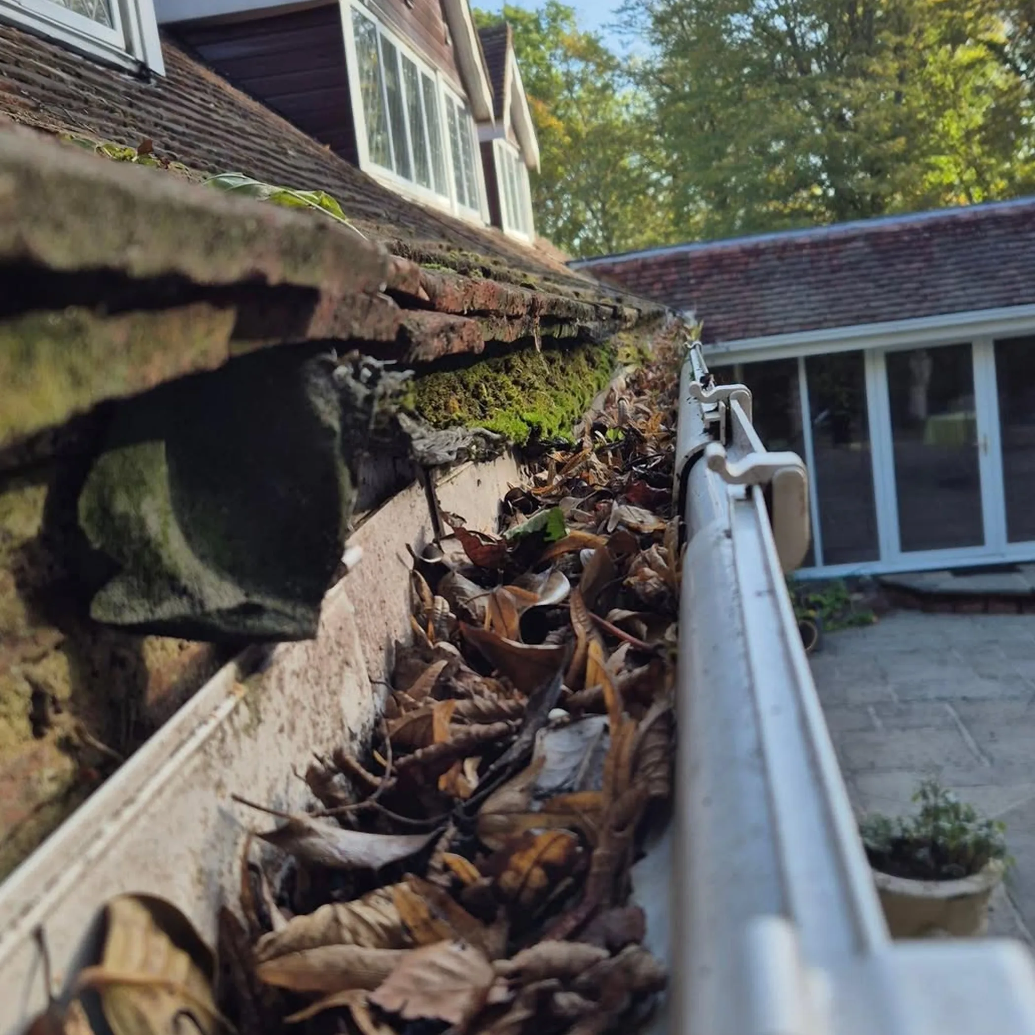 debris-filled gutters on a home