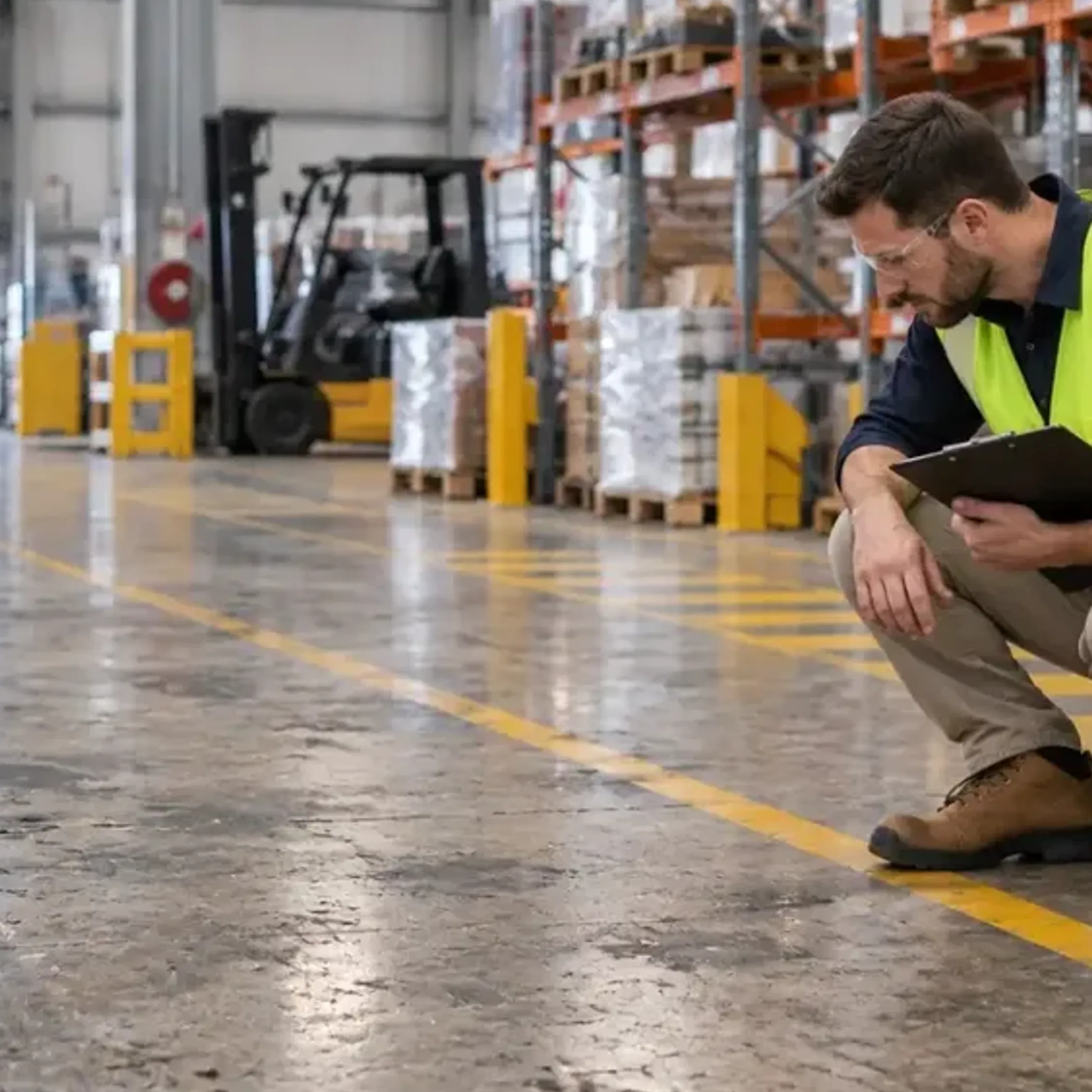 worker inspecting industrial flooring